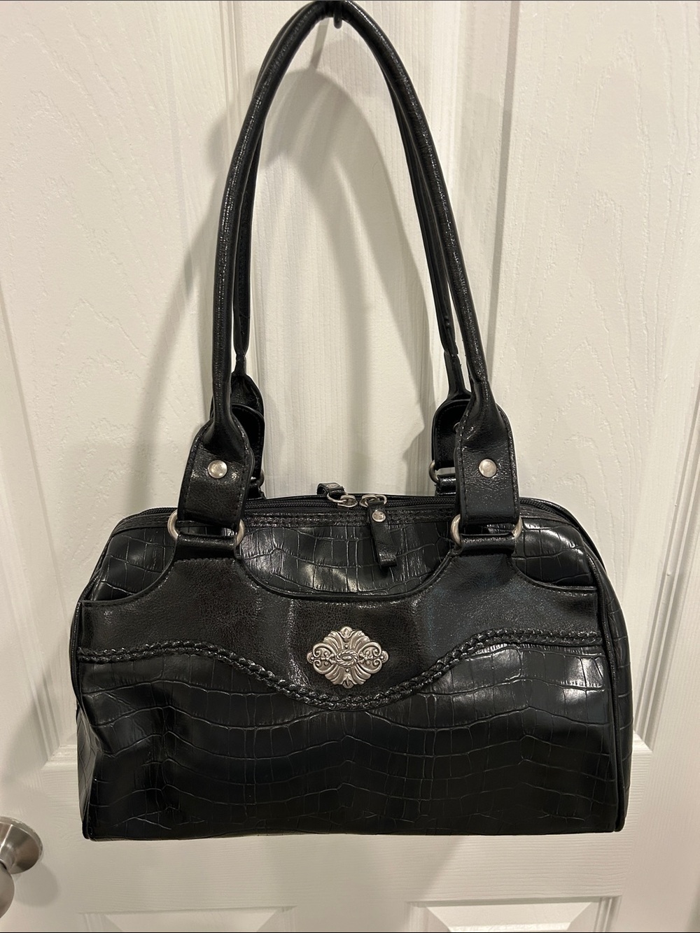 Bueno Black Faux-Croc Satchel Handbag